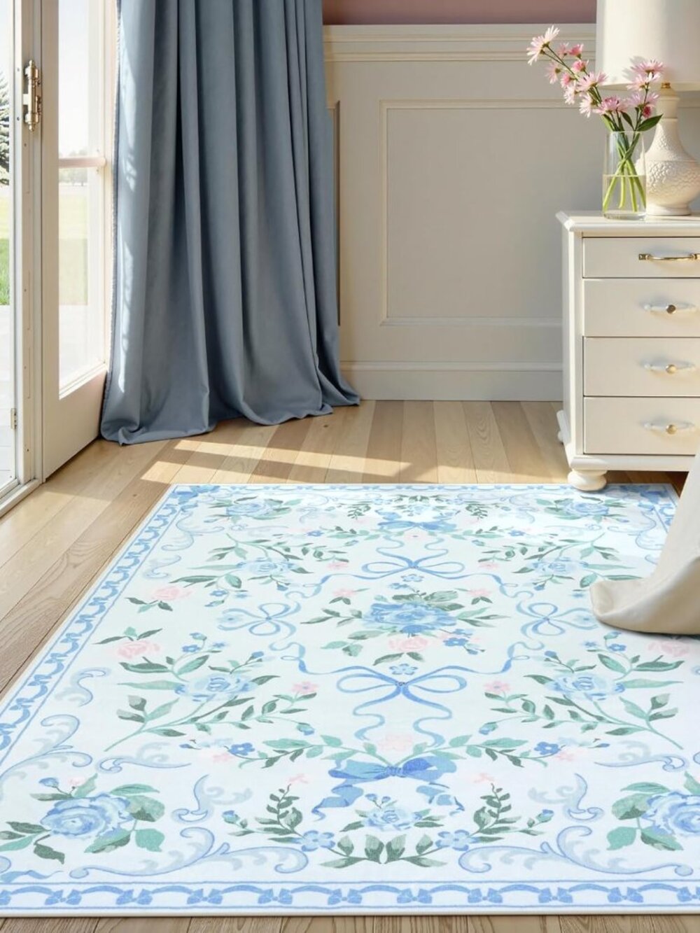 4x6 Rugs for Bedroom Girls, Boho Blue Floral Washable Area Rug Non Slip, Soft In